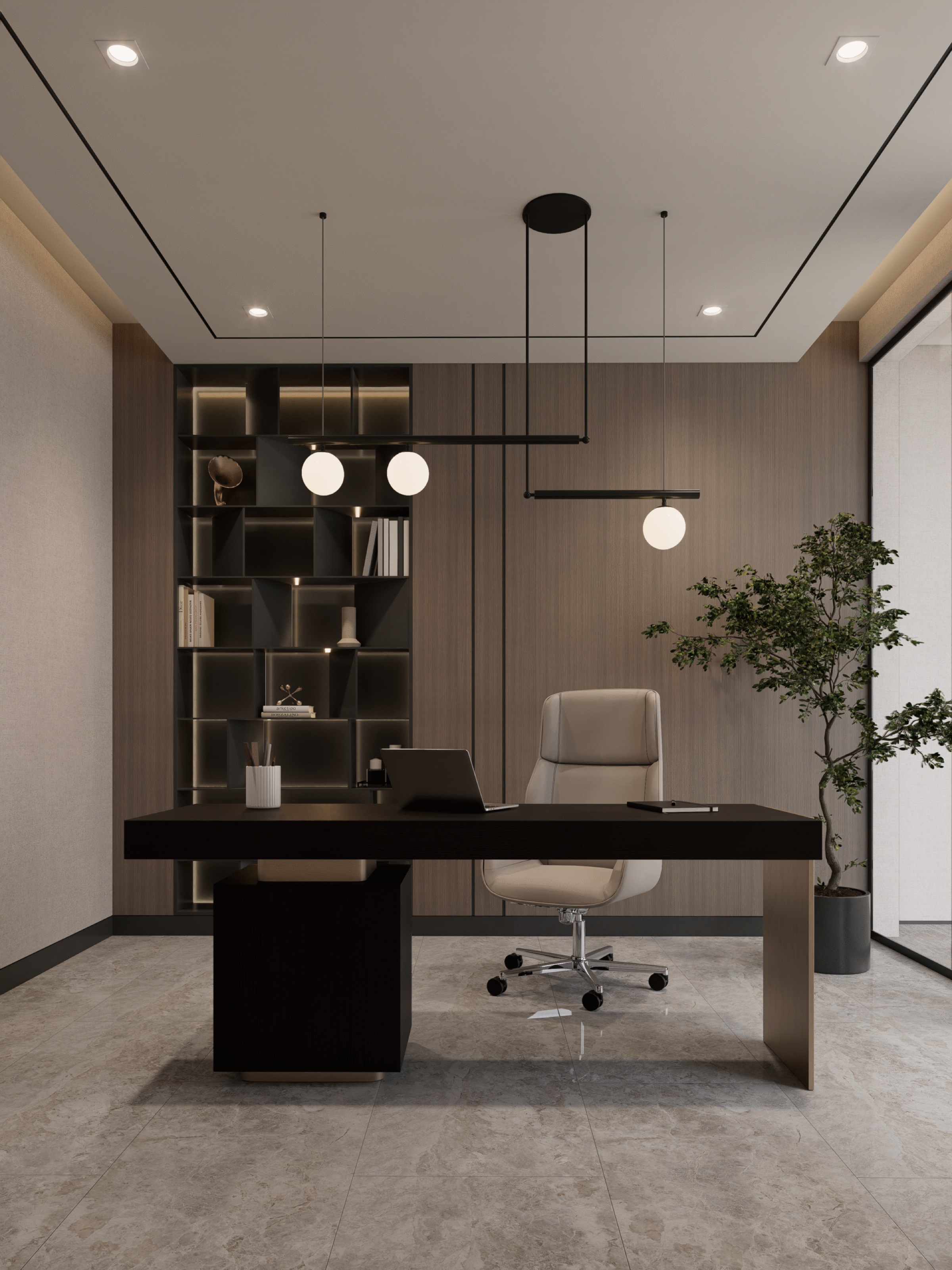 Focused wall treatment anchoring a compact office.