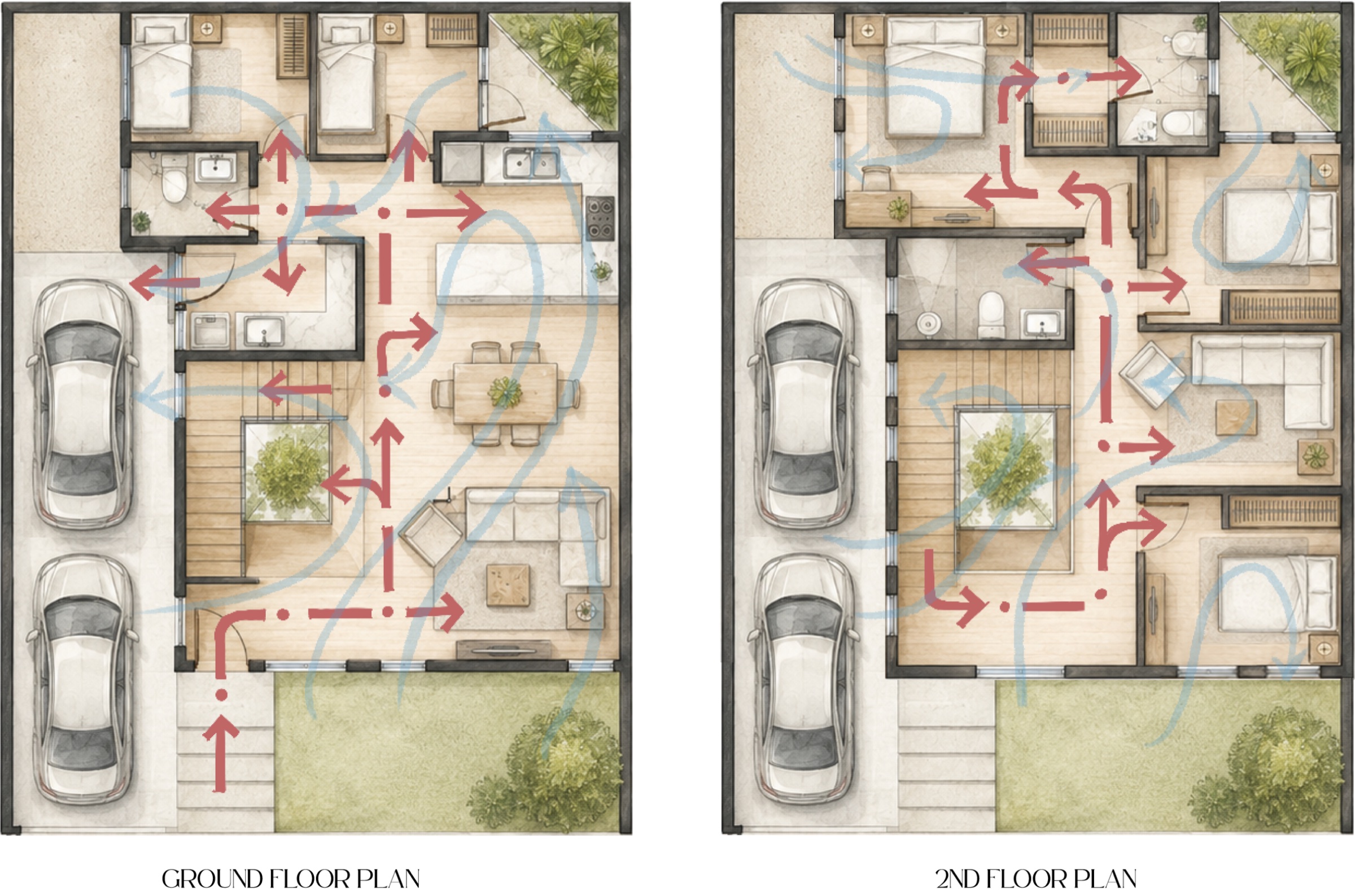 Rendered plans exploring compact residential layouts.