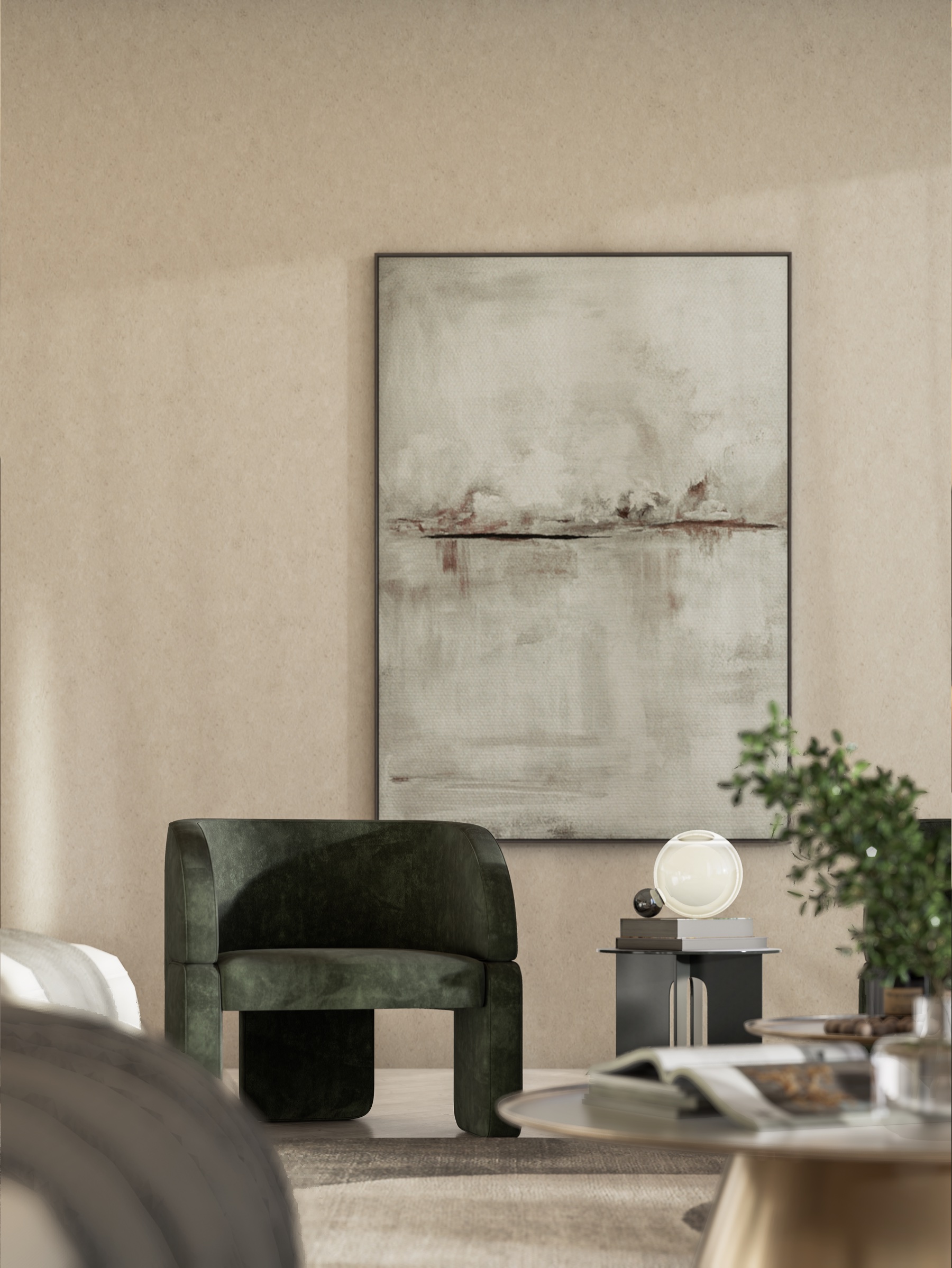 Sculptural chair beside textured walls and indoor planting.