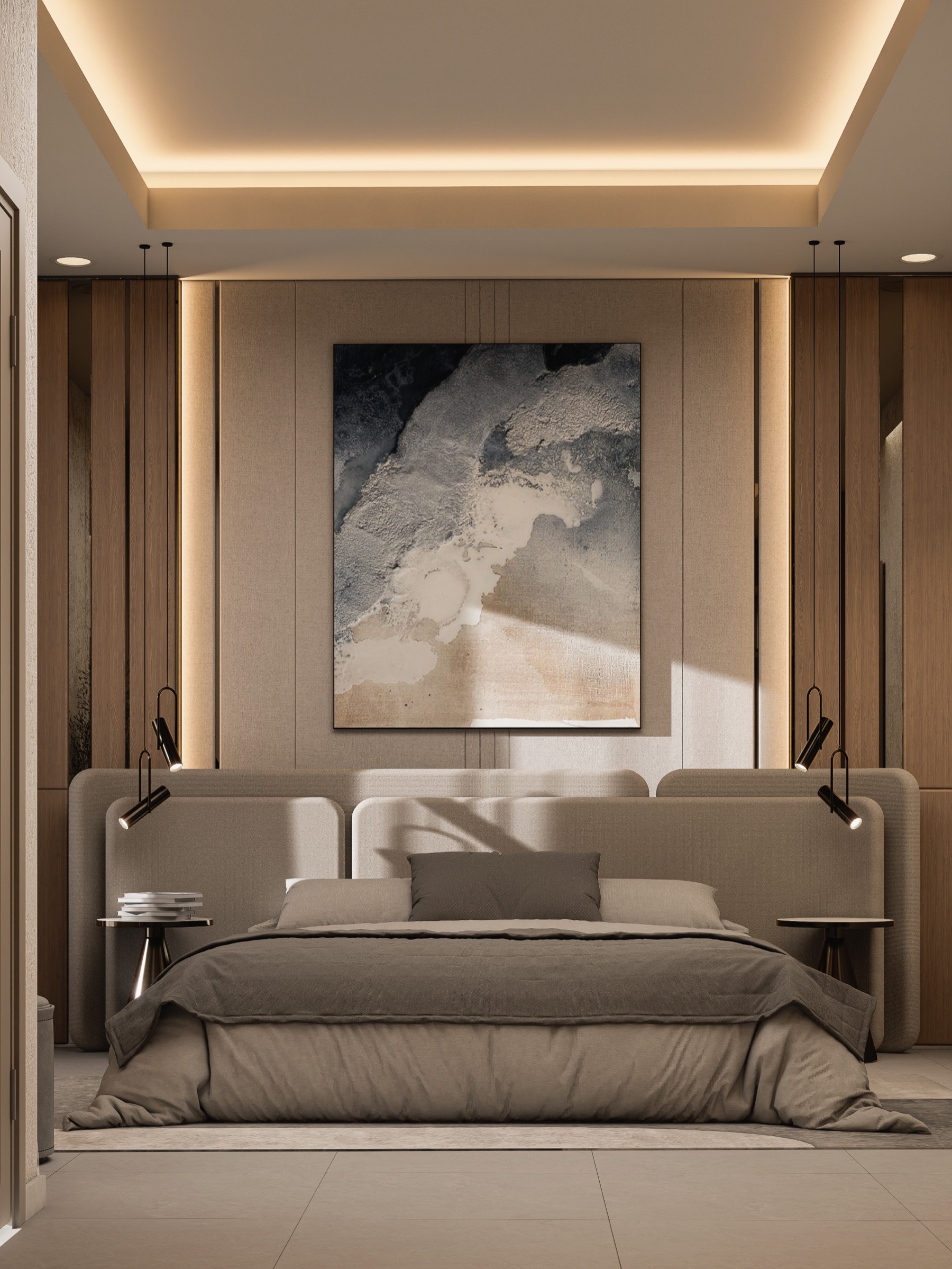 Neutral bedroom with timber panels and a softly lit artwork.