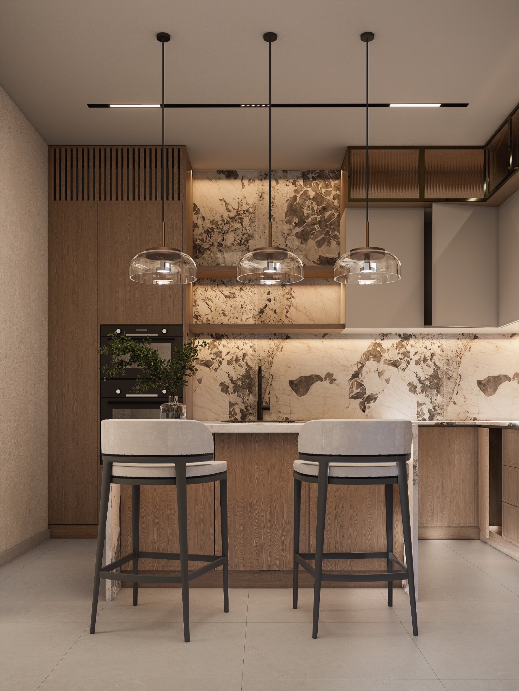 Timber kitchen with stone surfaces and glass pendant lights.