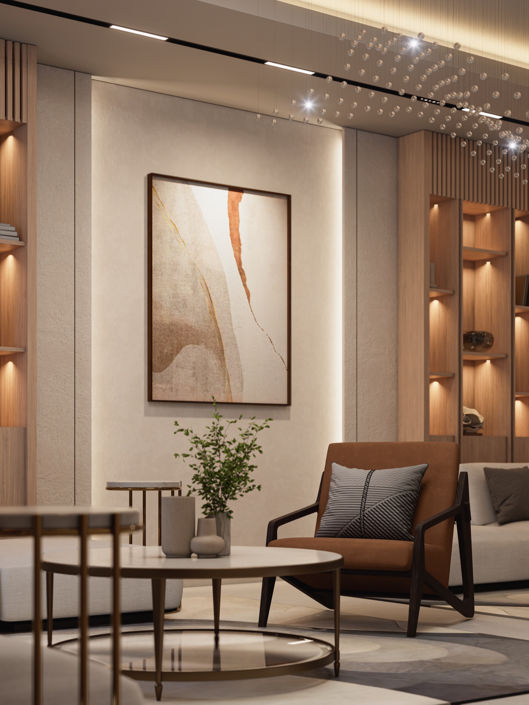 Warm majlis seating and architectural lighting.