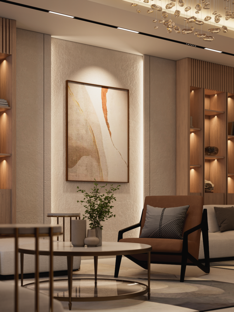 Warm majlis seating beneath a sculptural light installation.