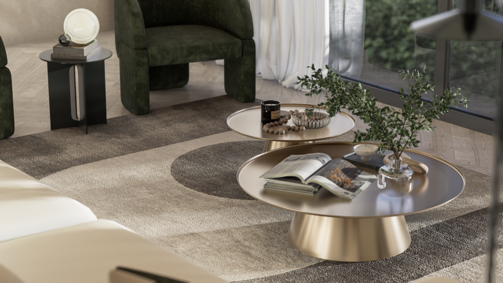 Overhead view of a layered living room in green and warm neutral tones.