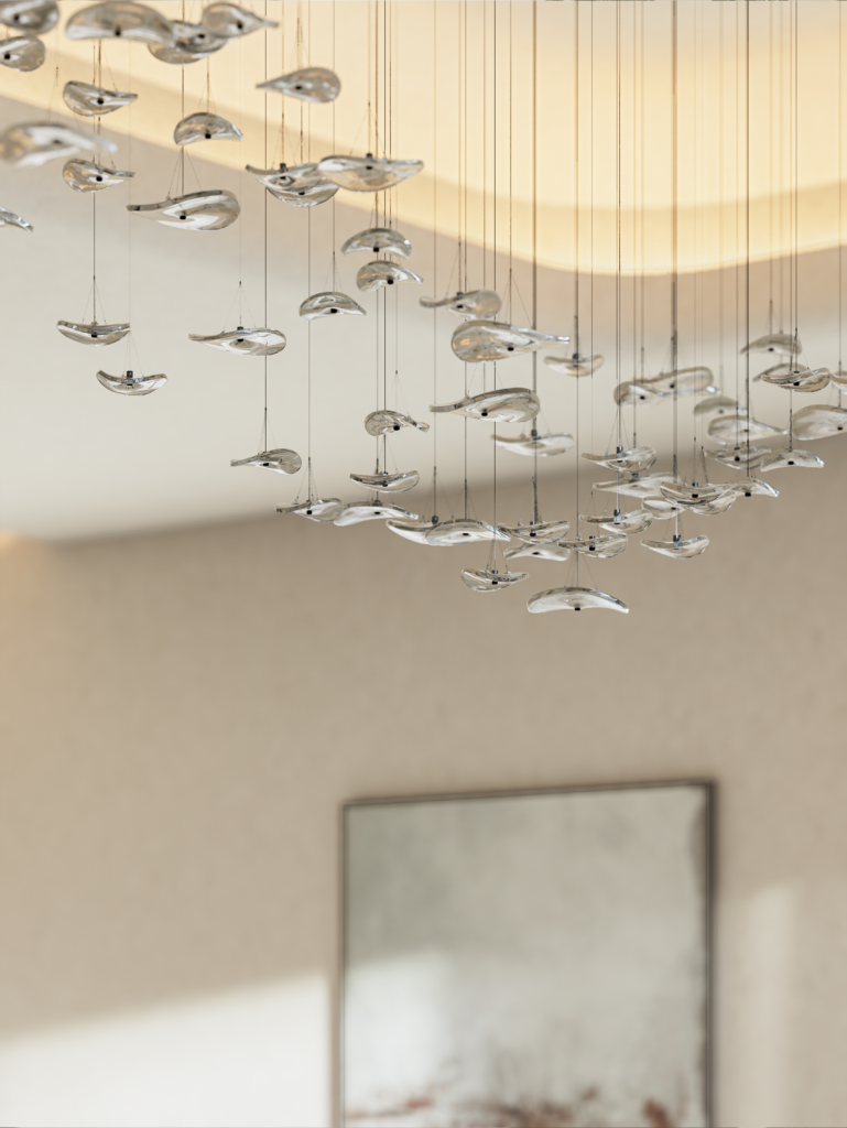 Close view of a sculptural chandelier and textured ceiling.