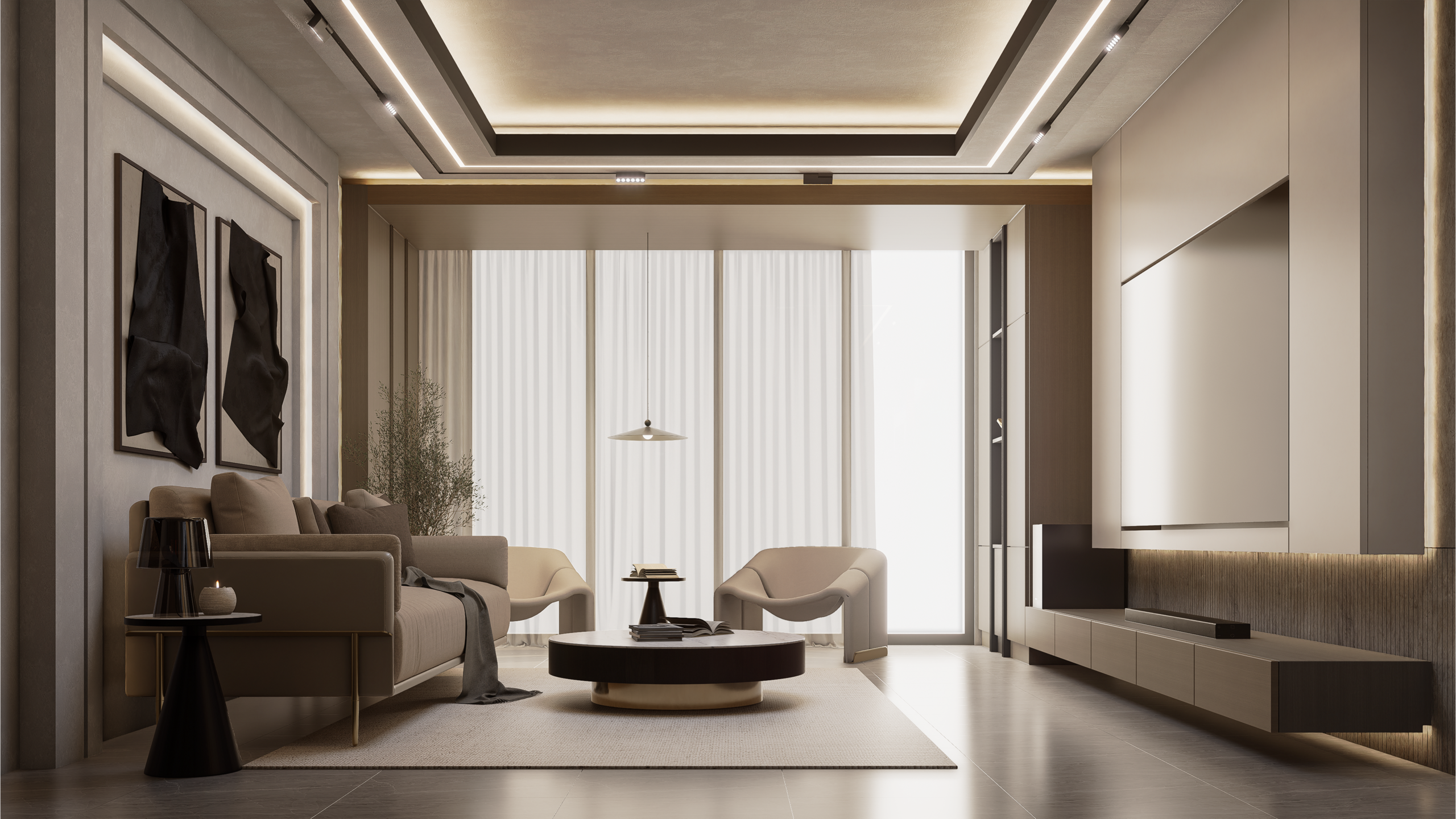 Overhead view showing the room's aligned furniture and lighting.