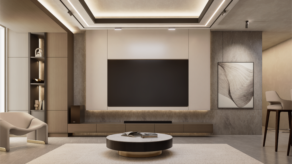 Overhead view showing the room's aligned furniture and lighting.