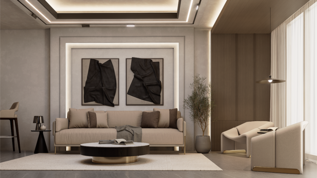 Overhead view showing the room's aligned furniture and lighting.