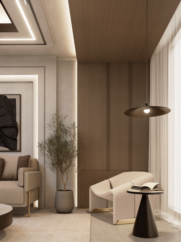Overhead view showing the room's aligned furniture and lighting.