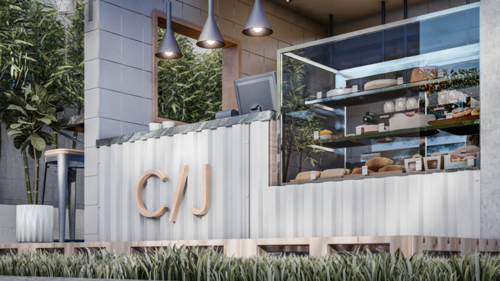 Street view of an open coffee kiosk beneath a long canopy.