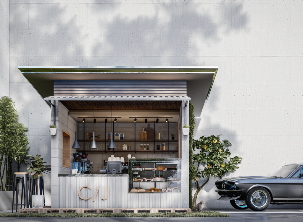 Coffee counter with warm timber, planting and an industrial frame.