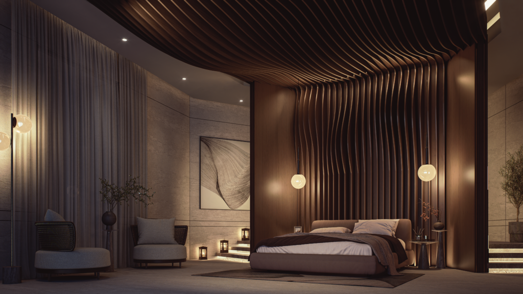 Warm neutral bedroom arranged around a central bed and artwork.