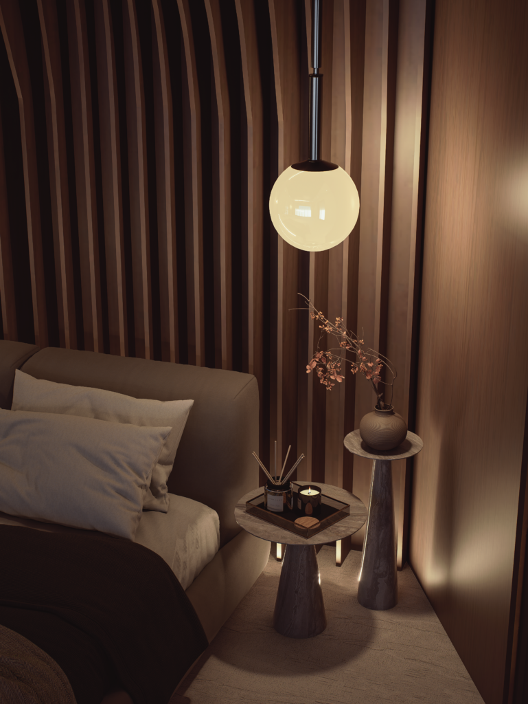 Bedside detail with warm timber and layered neutral materials.