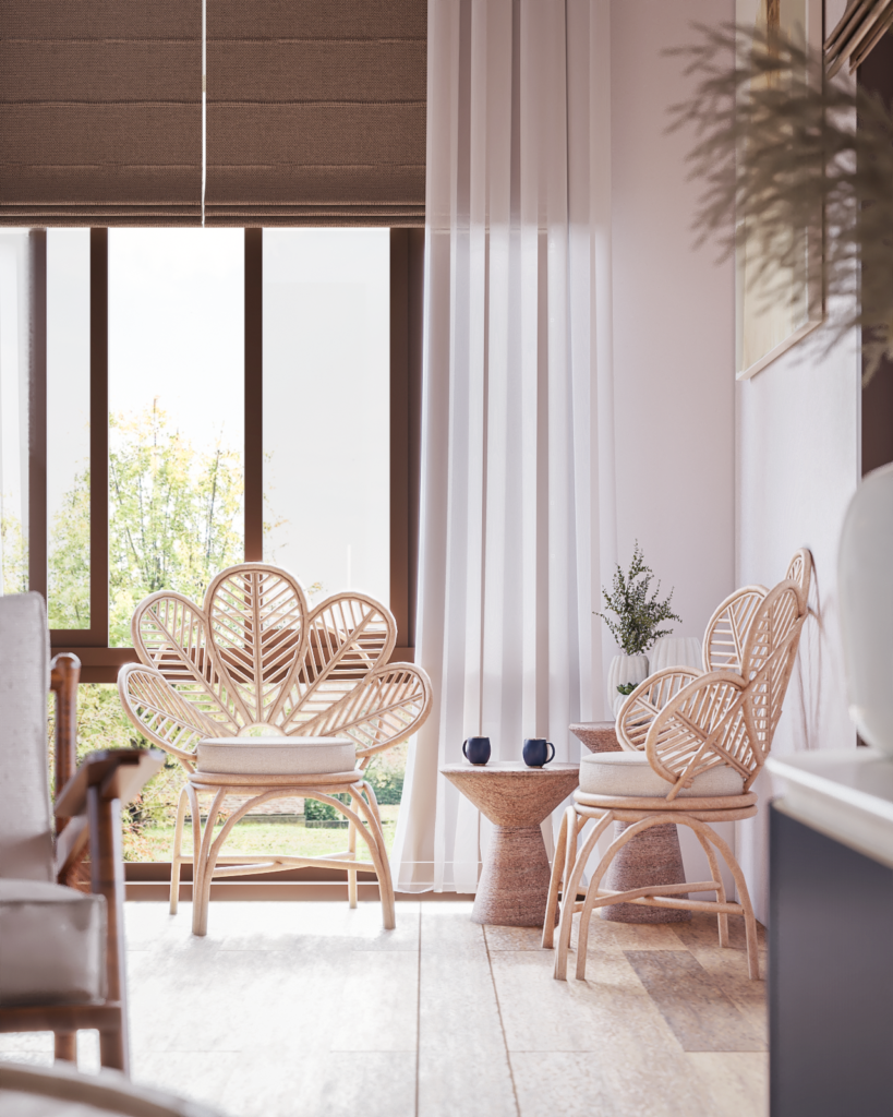 Open living room filled with daylight and warm natural finishes.