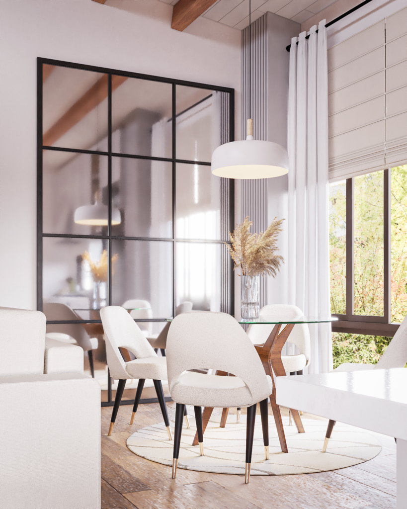 Sunlit dining area with timber and woven furniture.